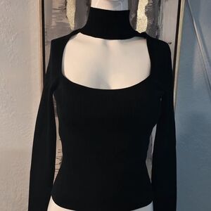ZARA Black Ribbed Cut-Out Mock Neck Long Sleeve Top Size L NWT